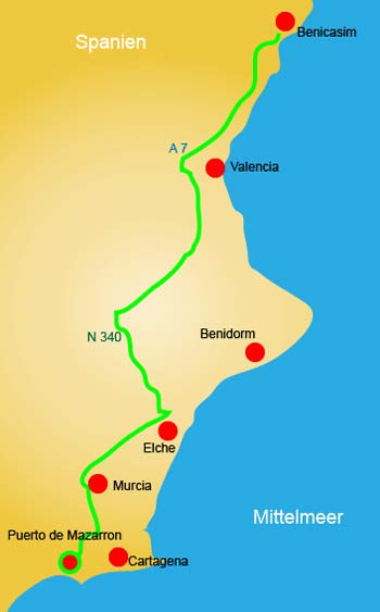 Reiseskizze: von Benicasim nach Puerto de Mazarrón.
